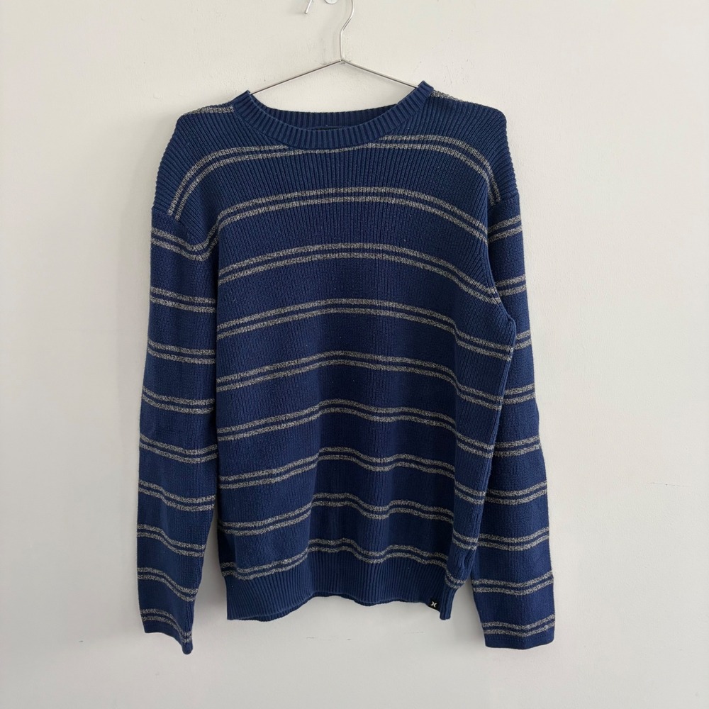 Hurley Mens Striped Knit Crewneck Sweater Blue Large